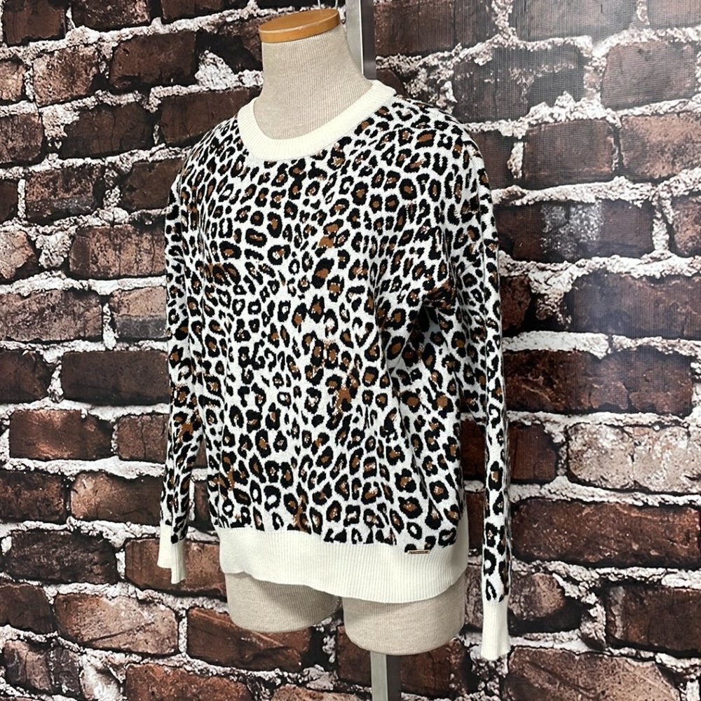 T Tahari Sweater Pullover Cheetah Print Crew Neck Brown Cream Size Small S - Picture 5 of 14